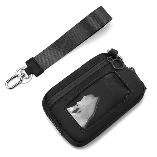 Image of The Iris Wallet Zipper Mini Coin Purse Keychain ID Holder Wallet | Zip Card Case with ID Window Purses for Women Mini Portable Keychain Wallet,Black with Lanyard