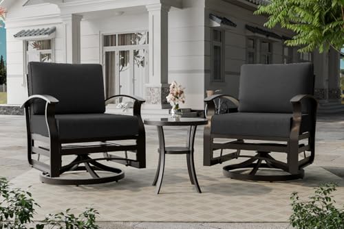 Image of Outdoor Patio Furniture Set, 3 Piece Aluminum Metal Chairs Swivel Rocker, Overstuffed Washable Cushions Bistro Set for Porch, Balcony, Deck, Garden Black