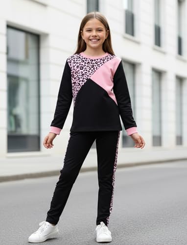 Image of PATPAT Little Girls Clothes Crew Neck Leopard Color Block Sweatshirt and Leggings Girls Outfits Size 4-12Y