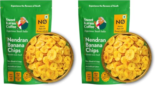 Image of Sweet Karam Coffee Nendran Banana Chips - 200 grams | Made with 100% Coconut Oil | No Preservatives | Kerala Special Crispy, Thin Sliced Yellow Plantain Wafers | Healthy Tea Time Snack (Pack of 2)