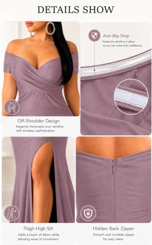 Image of Fooullaide Women Sexy Off Shoulder Elegant V Neck Wrap Formal Evening Gowns | Bodycon, Floor Length, High Split Mermaid Maxi Dress, Stretchy, Prom, Wedding Guest, Cocktail Bridesmaid Wear