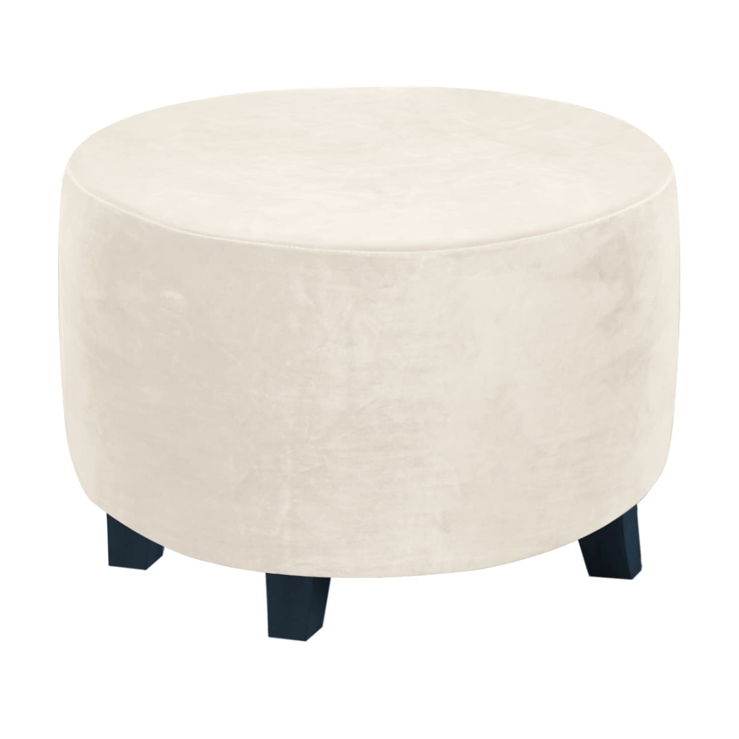 H.VERSAILTEX Ottoman Covers Round Ottoman Covers Slipcover Footstool Protector Covers Storage Stool Ottoman Covers Stretch with Elastic Bottom, Feature Real Velvet Plush Fabric (Medium, Ivory)