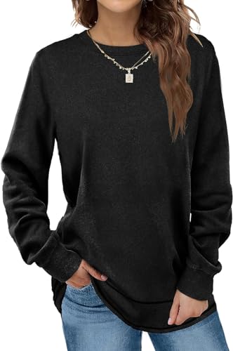 EUHOM Damen Sweatshirt Pullover Basic Langarmshirt Oversize Rundhals Langarm Pulli Herbst Winter Casual Oberteile Tops für Leggings (Schwarz, XL)