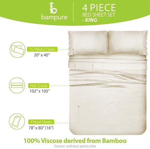 BAMPURE Luxury Series King Sheet Set - 100% Viscose derived from Bamboo Sheets King Size - Super Soft Viscose Bamboo Cooling Sheets for Hot Sleepers -Up to 16’’ Deep Pocket King Sheet Set (White) - Thumbnail 5