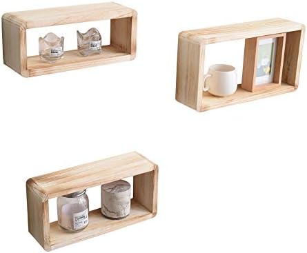 Rebecca Mobili Set 3 Wall Shelves Hanging Shelves Rectangular Natural Wooden Cube design Country Vintage Bedroom Living Room - 39 x 21 x 10 cm (H x W x D) - Art. RE4079