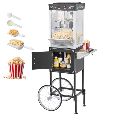 VEVOR Máquina de Palomitas con Hervidor y Carrito, 800 W, 48 Tazas por Carga, Control de 2 Botones, Pared de Vidrio, Puerta de Policarbonato, 1 Cucharada y 3 Cucharas, por Estilo Teatral, Negro