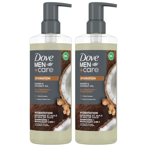 Dove Men+Care Shampoo and Conditioner 2-in-1, 2-Pack – Hydration Formula with Biotin & Mineral Complex, Ginger & Coconut Oil, 17.5 Oz Ea