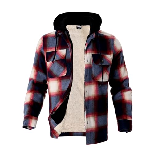 Image of TanBridge Men's Cotton Plaid Shirts Jacket Full Zip Fleece Flannel Sherpa Lined Hoodies Heavyweight Hoodies Jacket for Men