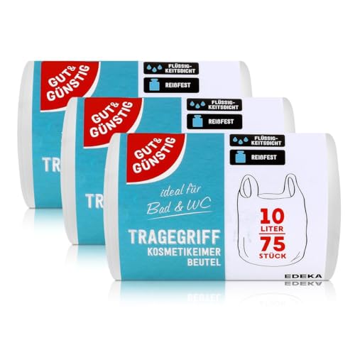 Gut & Günstig Tragegriff Kosmetikeimer Beutel 10L (75 Stück) - 3er Pack - Reißfest & Flüssigkeitsdicht - (3 x 75 Stück)