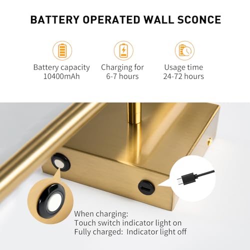Image of Battery Operated Wall Sconces Set of Two Wireless with Remote Control,350Rotate,3000K-6000K Gold Modern LED Rechargeable Indoor Wall Lights for Living Room,Bedroom,Stairs,27.5 Inch (2 Pack)