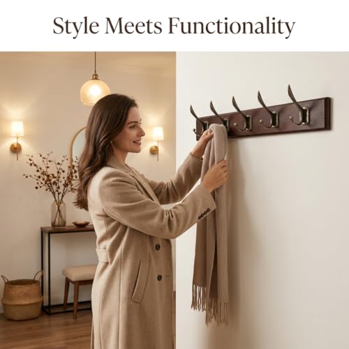 Wall-Mounted-Coat-Rack-with-Solid-Wood-5-Bronze-Metal-Hooks--196-Inch-Rustic-Brown-Entryway-Organizer-for-Hanging-Coats-Hats-Jackets-Scarves-Bags-for-Hallway-Bedroom-Bathroom5Hooks