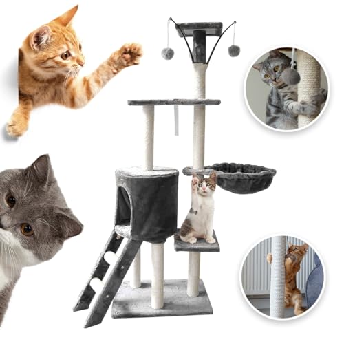 Raganet, Árbol Trepador y Rascador para Gatos, Torre de Actividades de Varios Niveles, Castillo con Escaleras, Hamaca, Cubiertas de Felpa, Seguro y Duradero de 140cm Alto X 50cm Largo (Gris) - Imagen 4