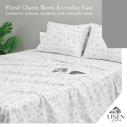 Image of Linen Home 100% Cotton Printed Percale Sheet Set King Size - 4 Piece Deep Pocket Floral Bedding, Crisp Cool & Breathable, Fade-Resistant Design, Hotel Luxury, Long-Staple Combed Cotton, Grey Botanical