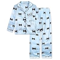 JiAmy Girls Satin Pyjamas Bows Kids Silk Pjs Long Sleeve Button Down Nightwear Sleepwear 2 PCS Sets Lounge Sleepwear 150,Blue
