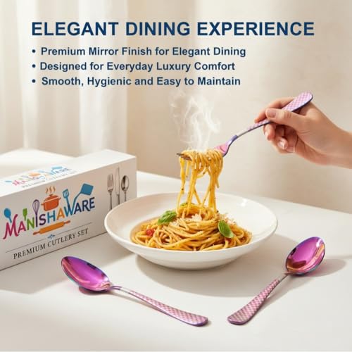 Image of Classic Rainbow 24 Pcs Stainless Steel Cutlery Set for Dining Table, Dishwasher Safe Glossy Flatware (Perfect Spoon Fork Set)