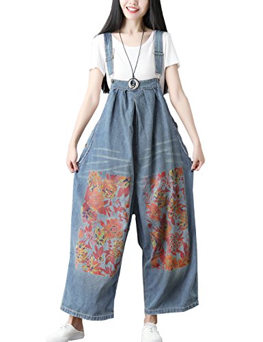 Flygo Women's Loose Boyfriend Floral Printed Wide Leg Denim Bib Overalls Jumpsuits With Pockets (One Size, Blue 02) #TOP1