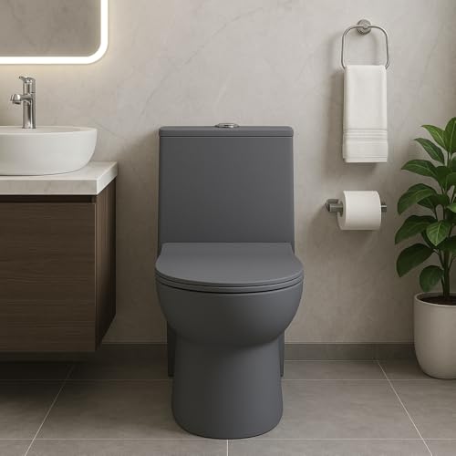 Image of KrissKross Premium Ceramic Rimless One Piece Western Toilet /Commode for Toilet /European Commode With Soft Close Seat Cover For Lavatory /Washdown Flush Commode With - S Trap Outlet (Matte Grey)