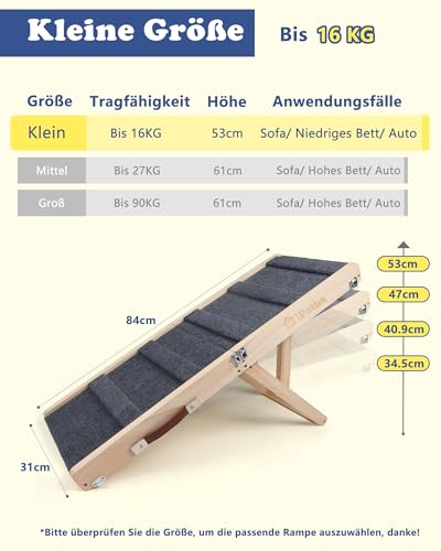 iPetba Hunderampe für Bett & Sofa – Gelenkschonend, Anti-Rutsch, Klappbar, Verstellbar, Tragbar, Für Hunde bis 16 kg