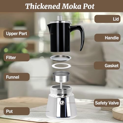 Image of 6 Cup Thickened Moka Pot 304 Stainless Steel 300ml Italian Espresso Coffee Maker Stovetop CoffeeMakers Mocha Pot Percolator for Induction Stove Classic Cafe Makers Portable for Easy Brewing