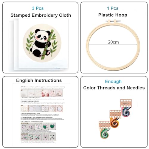 Image of Konrisa Panda Embroidery Starter Kit for Beginners, Cross Stitch Kit with 3pcs Embroidery Pattern, DIY Sewing Project Adult Needlepoint Kit with Hoop, Set of 3