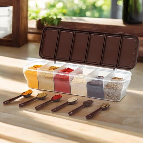 Image of TASTIC Multipurpose 6-in-1 Masala Box for Kitchen| Airtight BPA-Free Plastic 6 Section Storage Container with 6 Spoons, 1800 ml Transparent Pickle Box for Spices| Dry Fruits, Snacks Pack Of 1 Blue