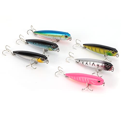 ANKROYU Señuelo para Pesca con lápiz Topwater, Paquete de 6, Cebo Duro Flotante con Ojos 3D, Bola de Acero, diseño de Gravedad Central, señuelo de Superficie fundida Larga para lub