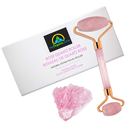 Rodillo de cuarzo rosa, piedra 100% natural para masaje facial, reduce la hinchazón facial y calma la inflamación, aprieta los poros y las arrugas, rejuvenece la piel de la cara y el cuello