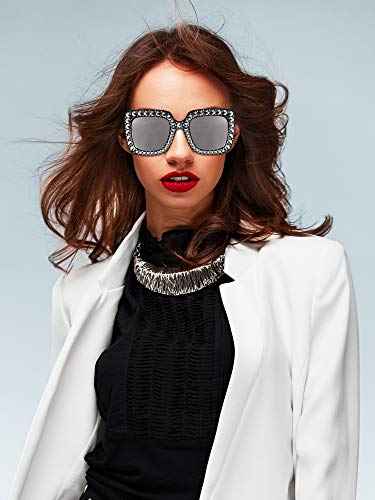 Frienda 6 Pairs Crystal Oversized Square Sunglasses Diamond Glitter Sunglasses Retro Thick Frame Sunglasses(Black, Tawny, Purple, Watermelon Red, Yellow, Silver) #TOP6