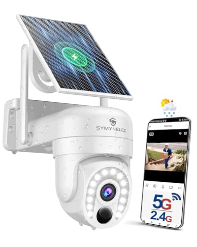 SYMYNELEC Camera Surveillance WiFi Exterieure sans Fil Solaire, 5GHz/2,4GHz Caméra WiFi 2K 360° avec Panneau Solaire, Vision Nocturne Couleur, AI Détection...