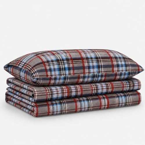 Tribeca Living Ultra Soft Turkish Cotton Flannel Twin Sheet Set with Extra Deep Pocket, 100% Cotton Flannel Sheets 3 Piece Set, Brentwood Plaid 170-GSM