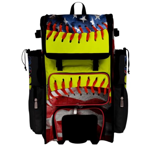 Boombah Superpack Hybrid Rolling Bat Bag - Wheeled & Backpack Version - USA Softball Represent Red/Royal Blue/Optic Yellow