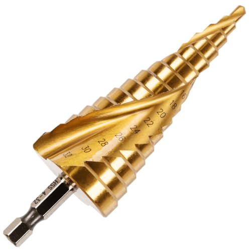 4mm to 32mm Spiral Flute Step Drill Bit, High Speed Steel Titanium Coated, Metric Hex Shank, HSS Tool For DIY Plastic Wood Steel Metal Aluminum Copper. Cone Cutter Hole Cutter Drill Bit