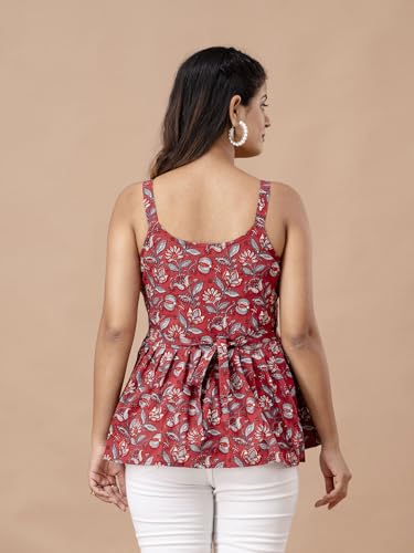 Image of feranoid Women Cotton Printed Sleeveless Strap Peplum Top