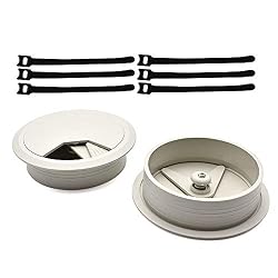 3-1/8 Inch (80mm) Grey Wire Grommets and Cable Ties Kit | ABS Plastic Desk Hole Cover Cord Organizer for Computer Desks Cabinet (2pcs Desk Grommets + 6pcs Reusable Ties)