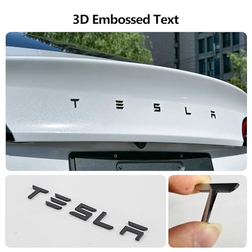 Image of 2025 Tesla Model 3 Y S X Metal Logo Letters Emblem Matte Black Glossy Tailgate Badge with Adhesive, ABS Trunk Rear Decal Replacement for Highland Juniper Refresh Models Raised Letters