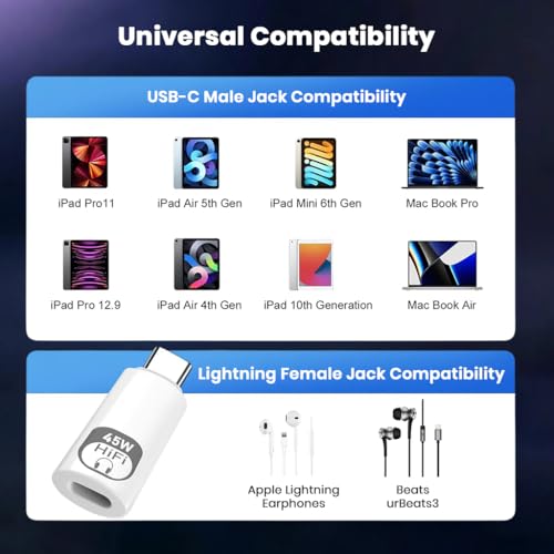 Image of AUDIOCULAR USB-C to Lightning Adapter, 45W PD Fast Charging, Hi-Fi Integrated DAC, Mic Support, Type-C to Lightning Audio Converter for Smartphones & Tablets (White)