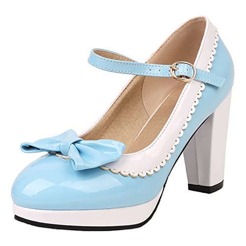 Womens Fashion 9CM High Heels Sweet Bownot Lolita Princess Single Shoes Platform Ankle Strap Maid Mary Jane Pumps