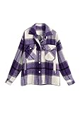 OMZIN Women's Button Down Long Sleeve Pocketed Plaid Jacket Coat Plaid Flannel Shacket Shirt Jacket Purple 2XL