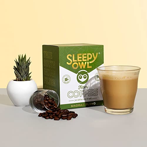 Image of Sleepy Owl Coffee Madras Blend Hot Brew Bags | Filter Coffee | Set of 10 Bags - Makes 10 Cups | Hot Brew Coffee |5 Minute Brew - No Equipment Required | Chicory & Robusta