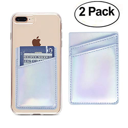 Oddss 2 Pack Cell Phone Card Holder Sticker on Back of Phone Holographic Iridescent Silver PU Leather Wallet Pocket Pouch Sleeves Cover Compatible for iPhone,Samsung Galaxy,Android Smartphones