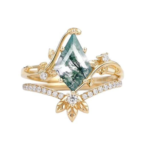 Personalized Moss Agate Ring for Women 925 Sterling Silver/10K/14K/18K Gold Moss Agate Moissanite Engagement Wedding Set Ring2