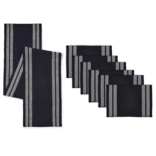 Encasa XO Table Runner and Placemats Set 6 | Fine Ribbed Cotton | Ladder Black | 1 Table Runner Size 13"x72" & Each Table Mat Size 19x13 Inch