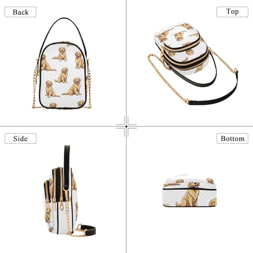 Cute Golden Dogs White Shoulder Handbag Women Cell Phone Wallet Chain Purse Floral Print Designer Satchel Crossbody Bag, 5.9" × 8.3" × 3.1"4