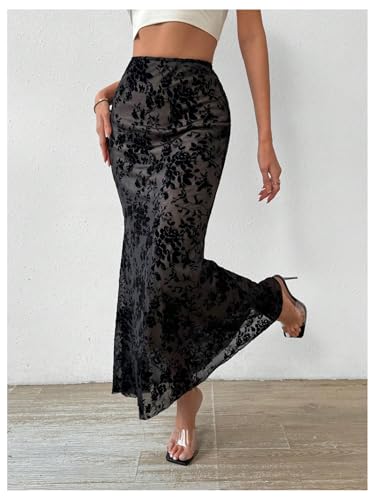 GORGLITTER Women's Y2K Goth Maxi Skirts Ditsy Floral Mesh Gothic Skirts Ruffle High Waist Long Skirts3