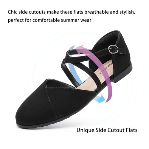 Saidoteto Women's Ankle Strap Flats - Comfortable Round Toe Dress Shoes with Adjustable Buckle, Criss-Cross Design for Work, Wedding, Office & Casual. Black Size 9 WFT240810-032
