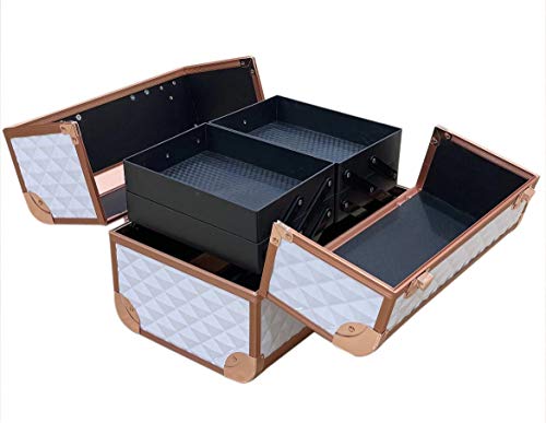 Image of Adson Professional Makeup Box Cosmetics Case Jewelry Organiser Vanity Make Up Storage Box Beauty Train Case Lockable with Keys (White Rose Gold)