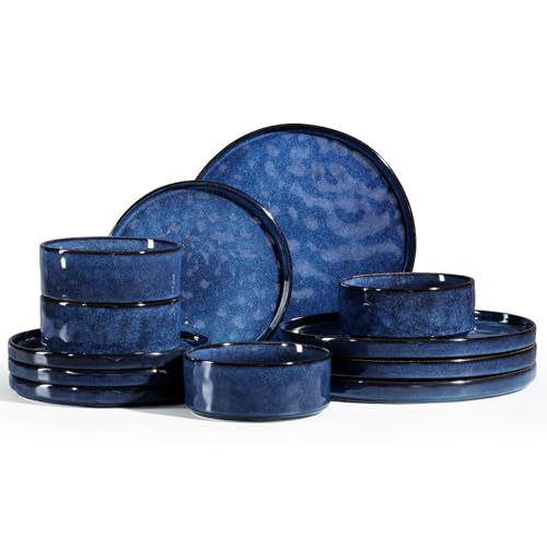 Homikit 12 Piece Dinner Sets, Reactive Glaze Plates and Bowls Set for 4 People, Elegant Dinnerware Stoneware for Kitchen Dinner Camping, Scratch Resistant, Dishwasher & Microwave Safe, Nebulas Blue