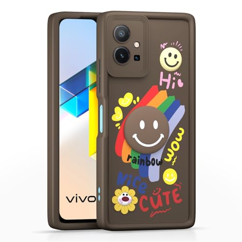 Image of Pikkme Back Cover for Vivo T1 5G / Vivo Y75 5G / iQOO Z6 5G | Soft Silicone| Cute Rainbow Smile & 3D Cartoon Flower Design | Shockproof Raised Camera Protection Bumper Case (Brown)