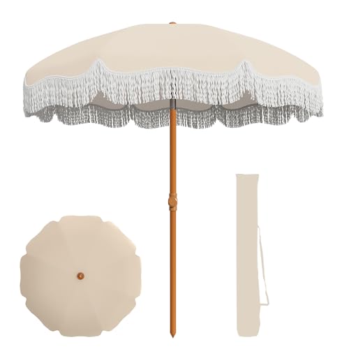 AreShark 7ft Patio Umbrella with Fringe UPF50+ Beach Umbrella for Table Pool & Garden Portable Outdoor Tassels Umbrella w/Fiberglass Ribs&Push Bottom Tilt(Ivory)