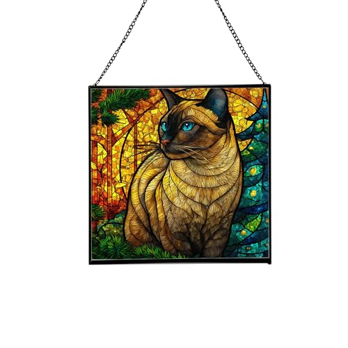 Thai Cat Christmas Stained Glass Suncatcher – Square Hanging Holiday Window Panel with Cozy Fireplace Scene – Winter Glass Art Decoration Gift for Animal Lovers, Pet Owners koHpPd